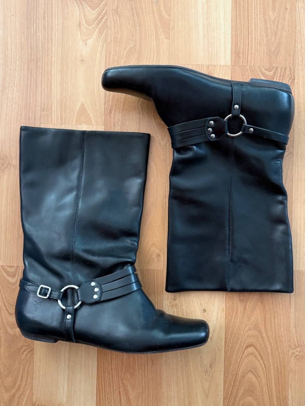 Frye Black Leather Mid-Calf Harness Riding Boots